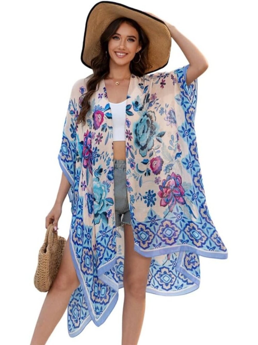 Women's Rz Waltz Of Blue Flower Viscose Summer Lightweight Boho Kimono Cardigan